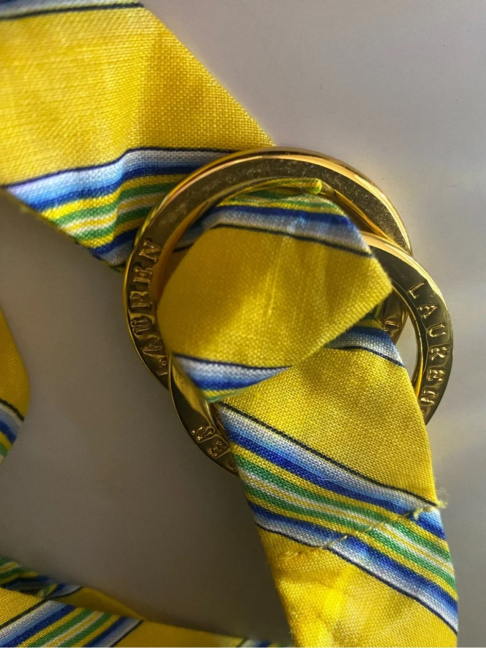 Lauren Ralph Lauren Yellow Striped Silk Scarf with Gold-Tone Double Rings